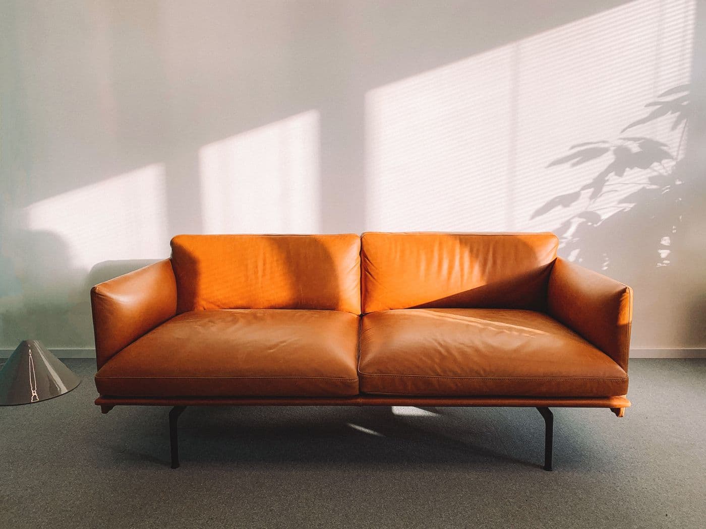 Tan leather sofa on a light carpet against a sunlit wall
